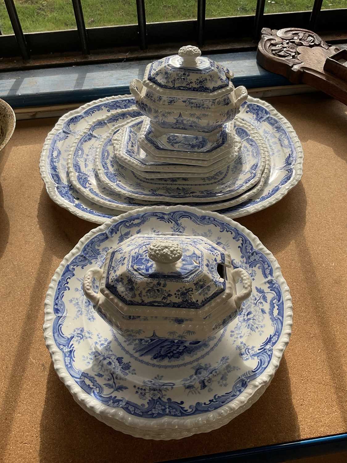 Victorian blue and white Opaque China service in the 'Chinese Marine' pattern, including a pair of s