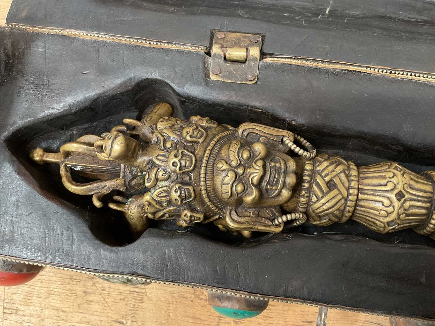 Tibetan ritual dagger/Phurba in fitted carved wooden case/stand with applied decoration, the case 48 - Image 2 of 14