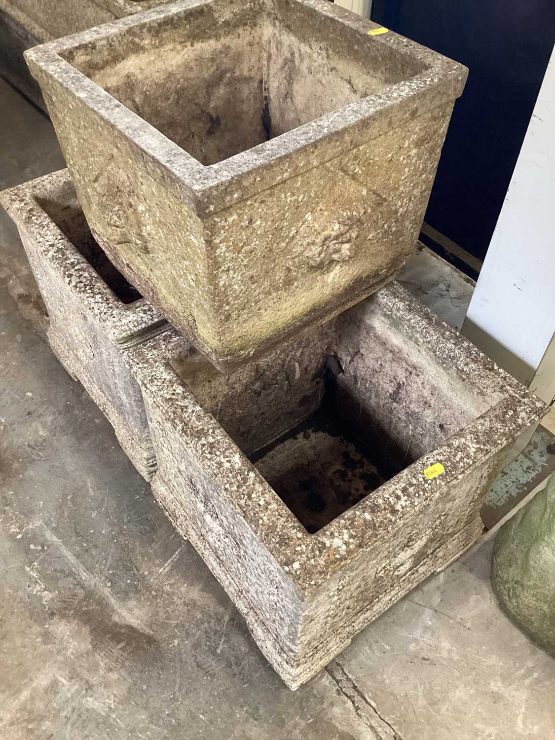 Pair of square concrete garden planters, 38cm high, together with another, 30cm high (3) - Image 4 of 5