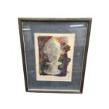 Contemporary School, mixed media seated figure and two other framed pictures