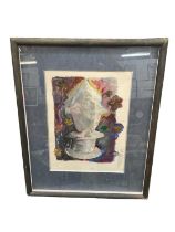 Contemporary School, mixed media seated figure and two other framed pictures