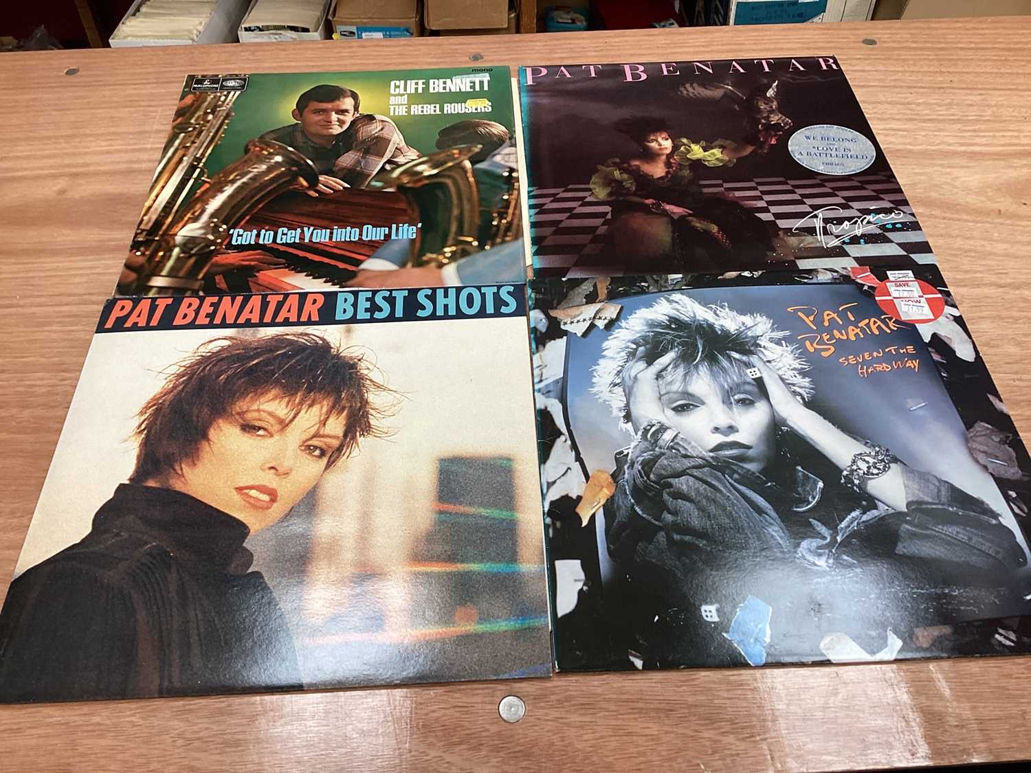 Three retro storage units of LP records including Pat Benatar, Cliff Bennet and the Rebel Rousers, T