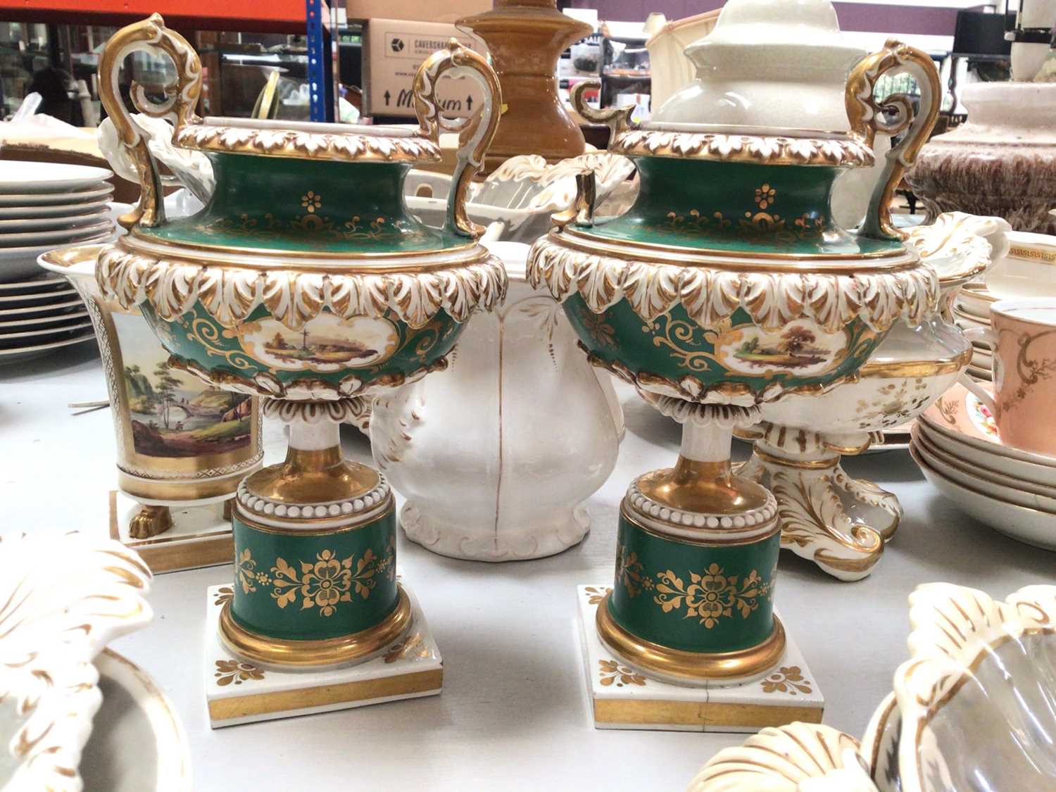 Group of 19th century and later tea and dinner ware, pair of urns with green and gilt decoration and - Image 4 of 5