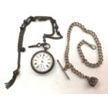 Silver fob watch on a silver fancy link watch chain, together with another silver watch chain with a