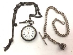 Silver fob watch on a silver fancy link watch chain, together with another silver watch chain with a