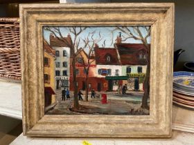 Small continental oil, street scene, signed with initials, 23.5cm x 19.5cm
