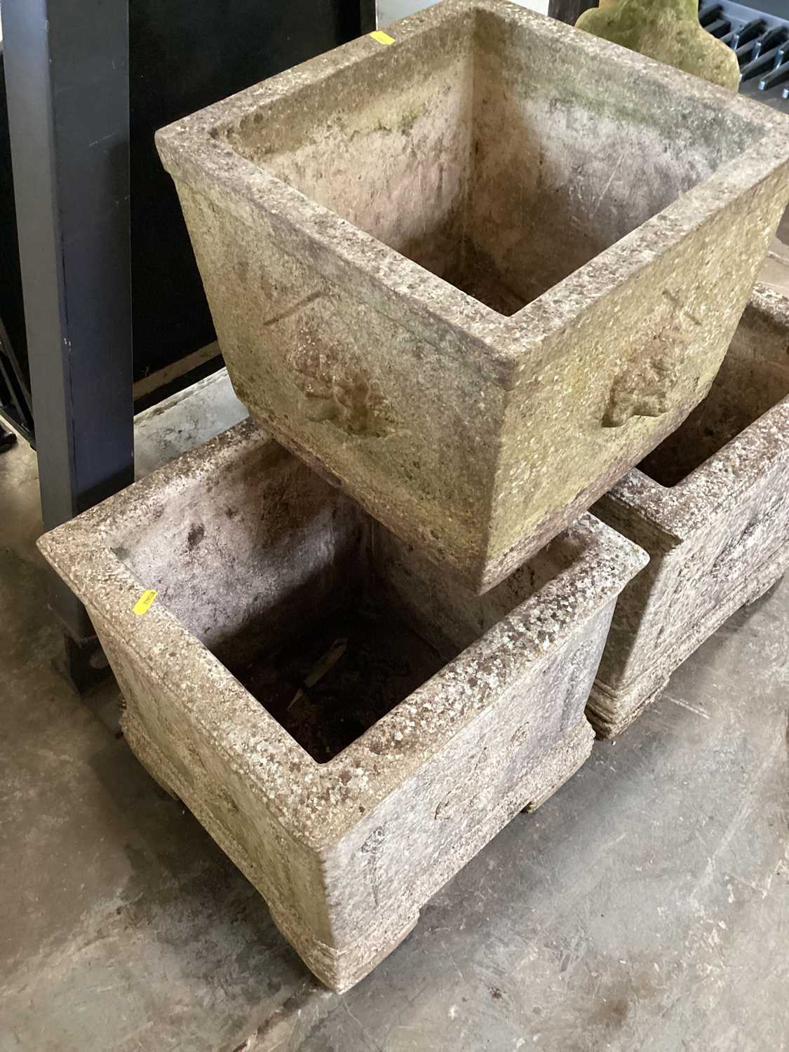 Pair of square concrete garden planters, 38cm high, together with another, 30cm high (3) - Image 2 of 5