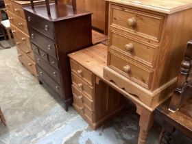 Modern pine bedside chest of three drawers 46cm and modern pine kneehole dressing table with four dr