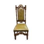 Set of six 1920's/1930's oak high back dining chairs with green leather seats and backs, comprising