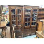 Old Charm oak corner cupboard with leaded glazed doors and similar display cabinet, both with linen