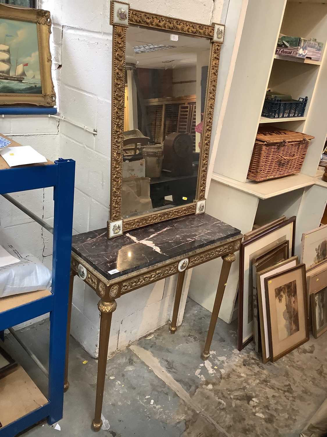 Marble topped gilt dressing table and en-suite mirror