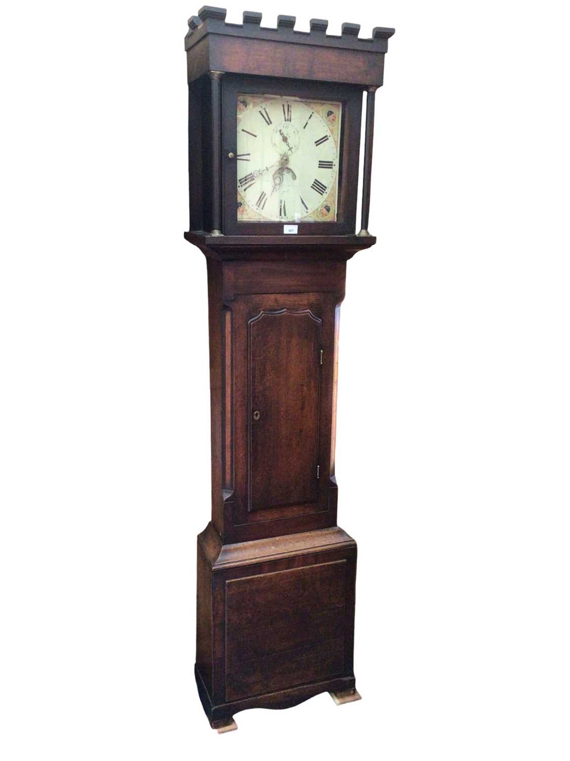 19th century 30 hour longcase clock with painted square dial in oak case with castellated top (no w