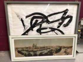 Abstract ink painting, signed and date '63 in glaze frame and an Amsterdam print (2)