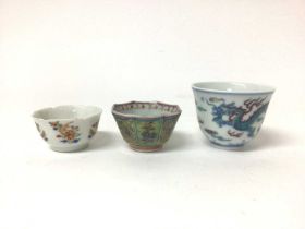 Three Chinese porcelain tea bowls, including two 18th century and one later Doucai