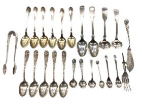Various silver and sterling teaspoons, pair of silver sugar tongs etc