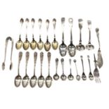 Various silver and sterling teaspoons, pair of silver sugar tongs etc