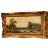 Pair of early 20th century oil on canvas landscape scenes, 28 x 57cm, in gilt frames,