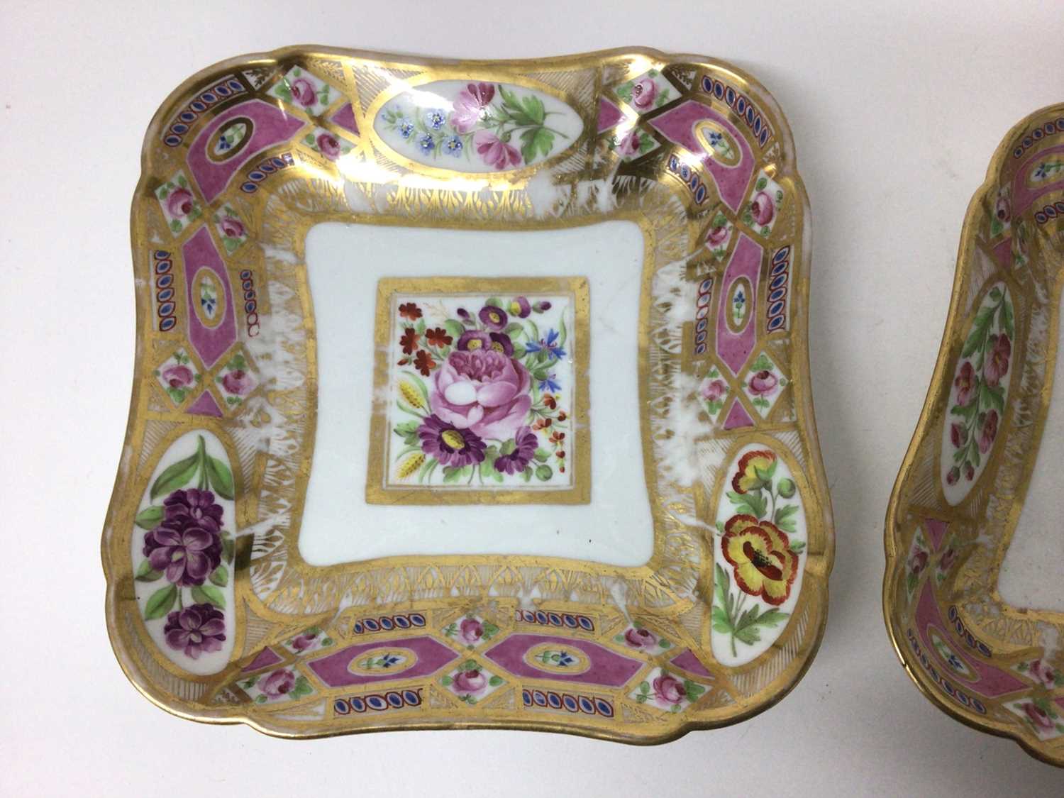 Pair of Sèvres shaped dishes, polychrome painted with floral sprays, on a pink and gilt ground - Image 3 of 6