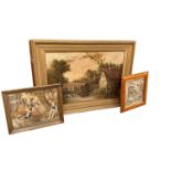 Two Victorian embroidered pictures, Victorian oil painting bridge view, and Guinness prints