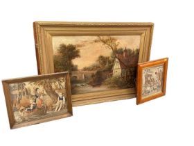 Two Victorian embroidered pictures, Victorian oil painting bridge view, and Guinness prints