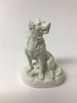 Derby Stephenson & Hancock white glazed model of a dog, shown seated on an oval base, inscribed mark