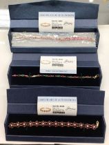 Three 9ct gold gem set bracelets, boxed with certificates