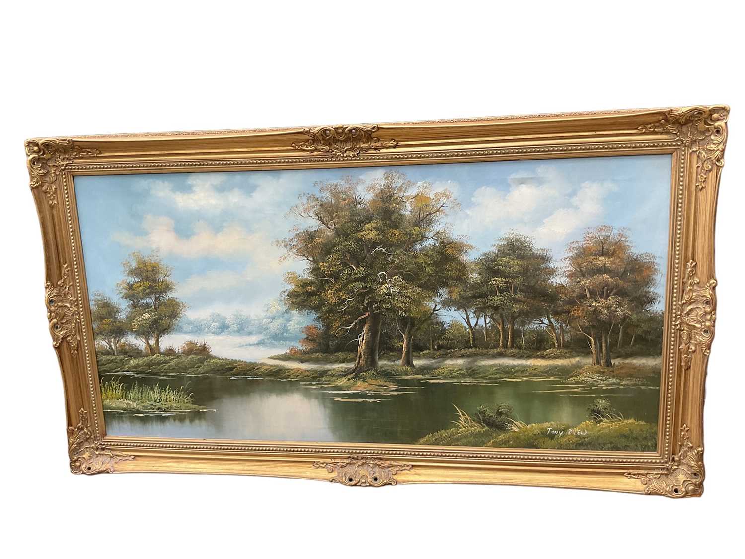 Tony Drew, large oil on canvas landscape in gilt frame, 121cm x 59.5cm