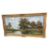 Tony Drew, large oil on canvas landscape in gilt frame, 121cm x 59.5cm