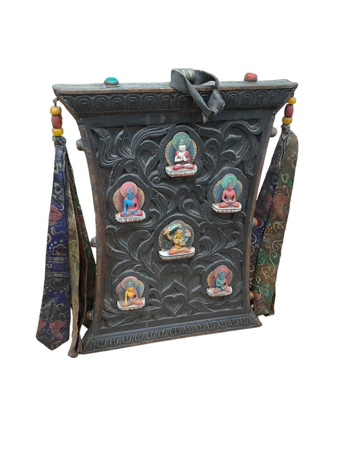 Tibetan temple altar/shrine with silk embroidered tassels, 52cm high