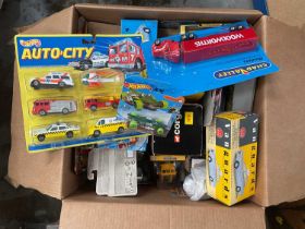 One box of boxed model vehicles, including Corgi, Vanguards, Hot Wheels, etc