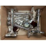 Set of four Victorian silver plated candlesticks, Victorian silver plated fish servers and sundry pl