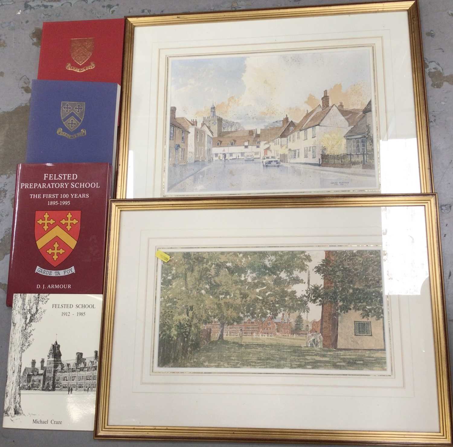 Two David Plested watercolour studies of Felsted School and a group of related books