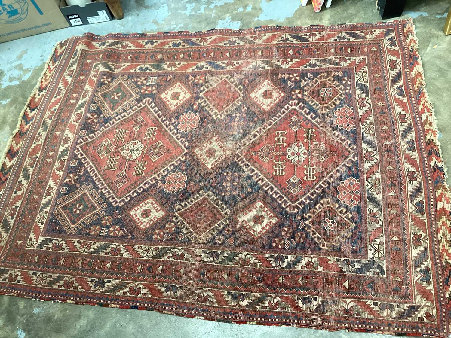 Two Eastern rugs with geometric decoration on red and blue ground, 175cm x 128cm - Image 3 of 6