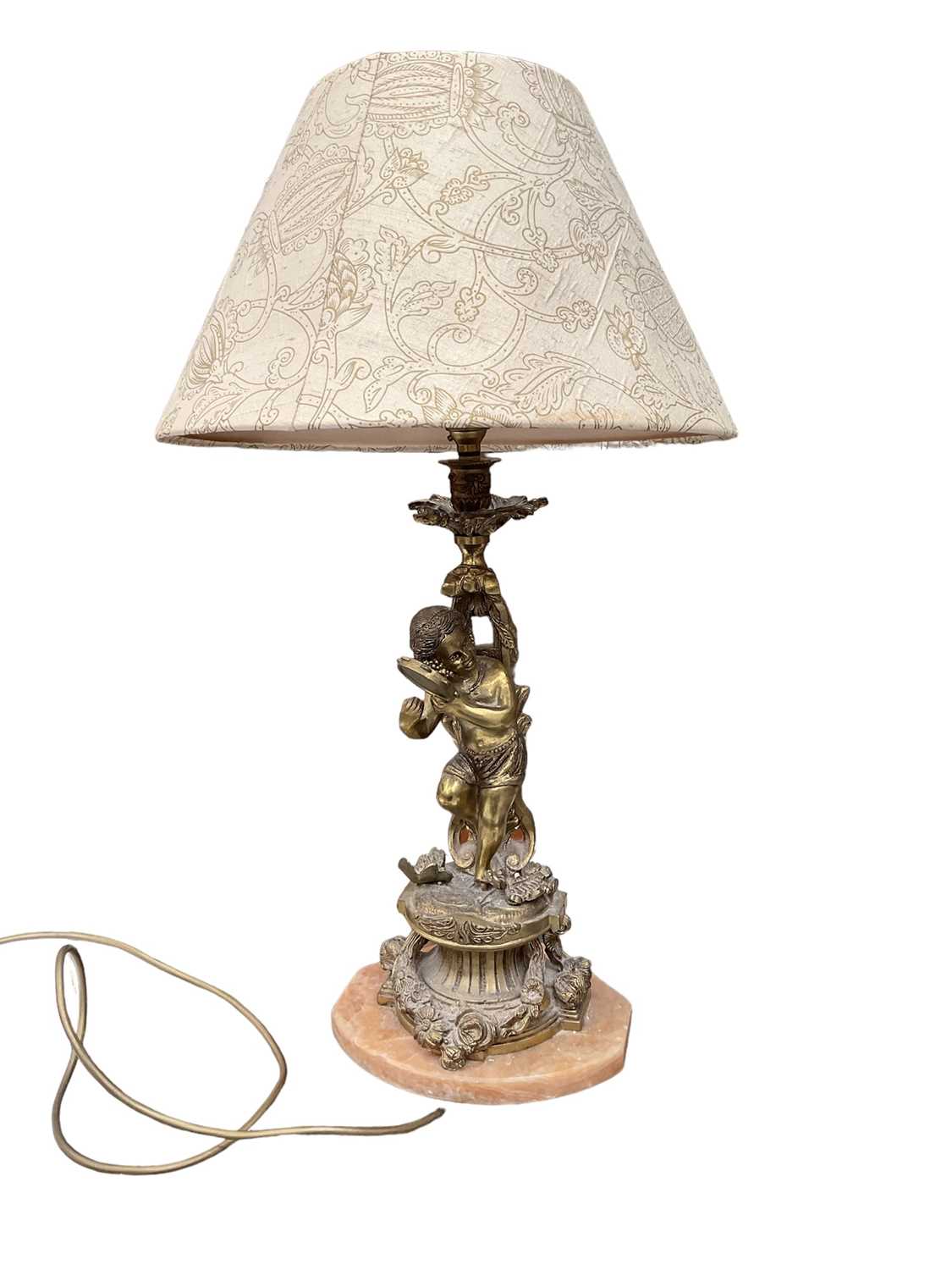 Ormolu style cherub lamp with shade, total height 63cm
