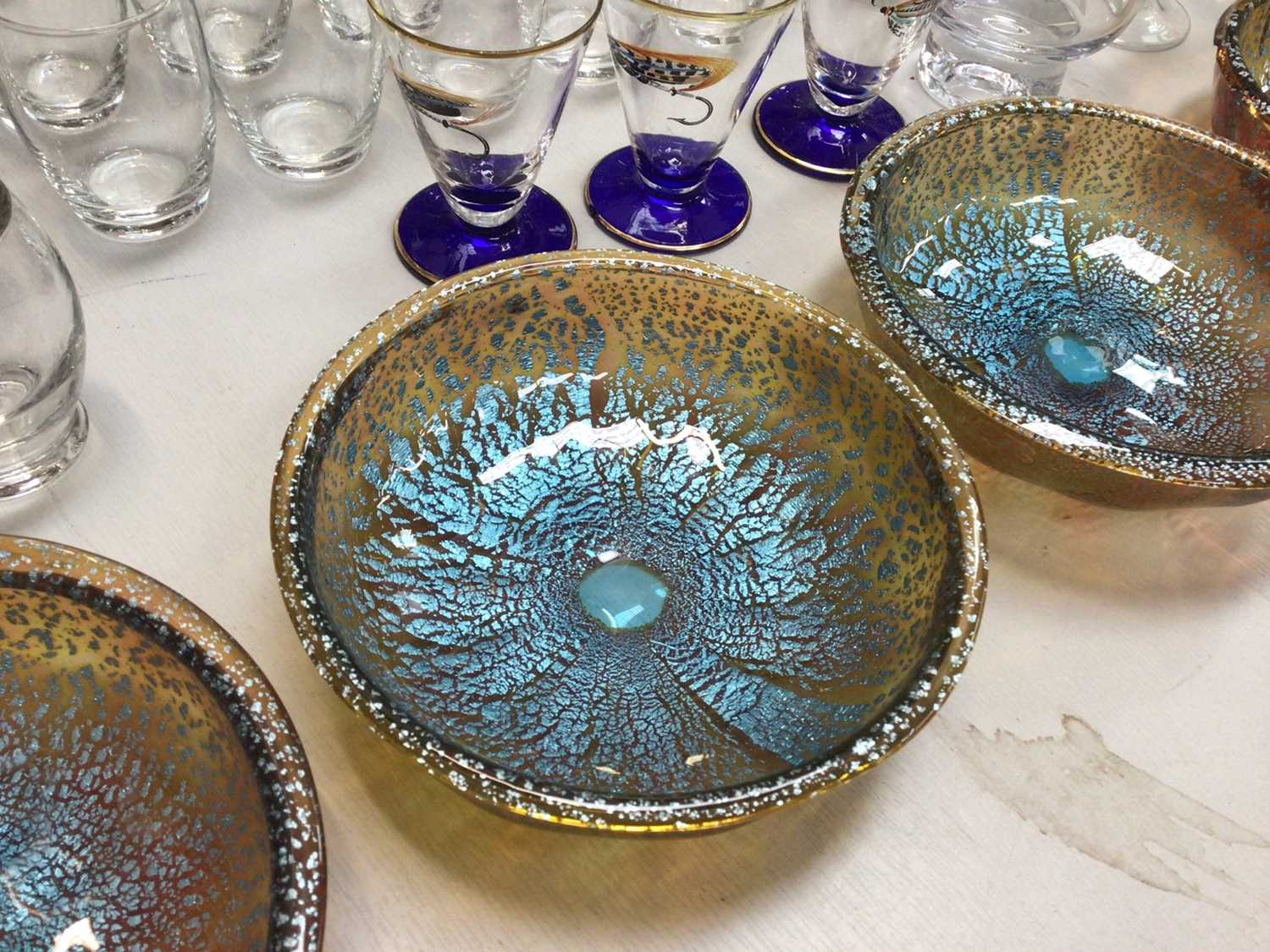 Group of glassware including a set of five art glass bowls, pair of hobnail cut glass decanters and - Image 3 of 4