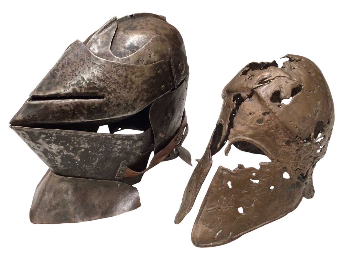 Handmade bronze replica of a 500BC helmet and a handmade replica of a 15th century Italian Armet hel