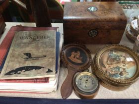 Victorian burr walnut sewing box with mother of pearl inlay, set of four oval gilt framed school sce