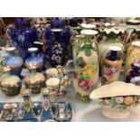 Group of Victorian and later pairs of vases, large painted glass vase with cover, Noritake ceramic d