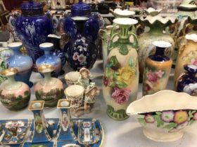 Group of Victorian and later pairs of vases, large painted glass vase with cover, Noritake ceramic d