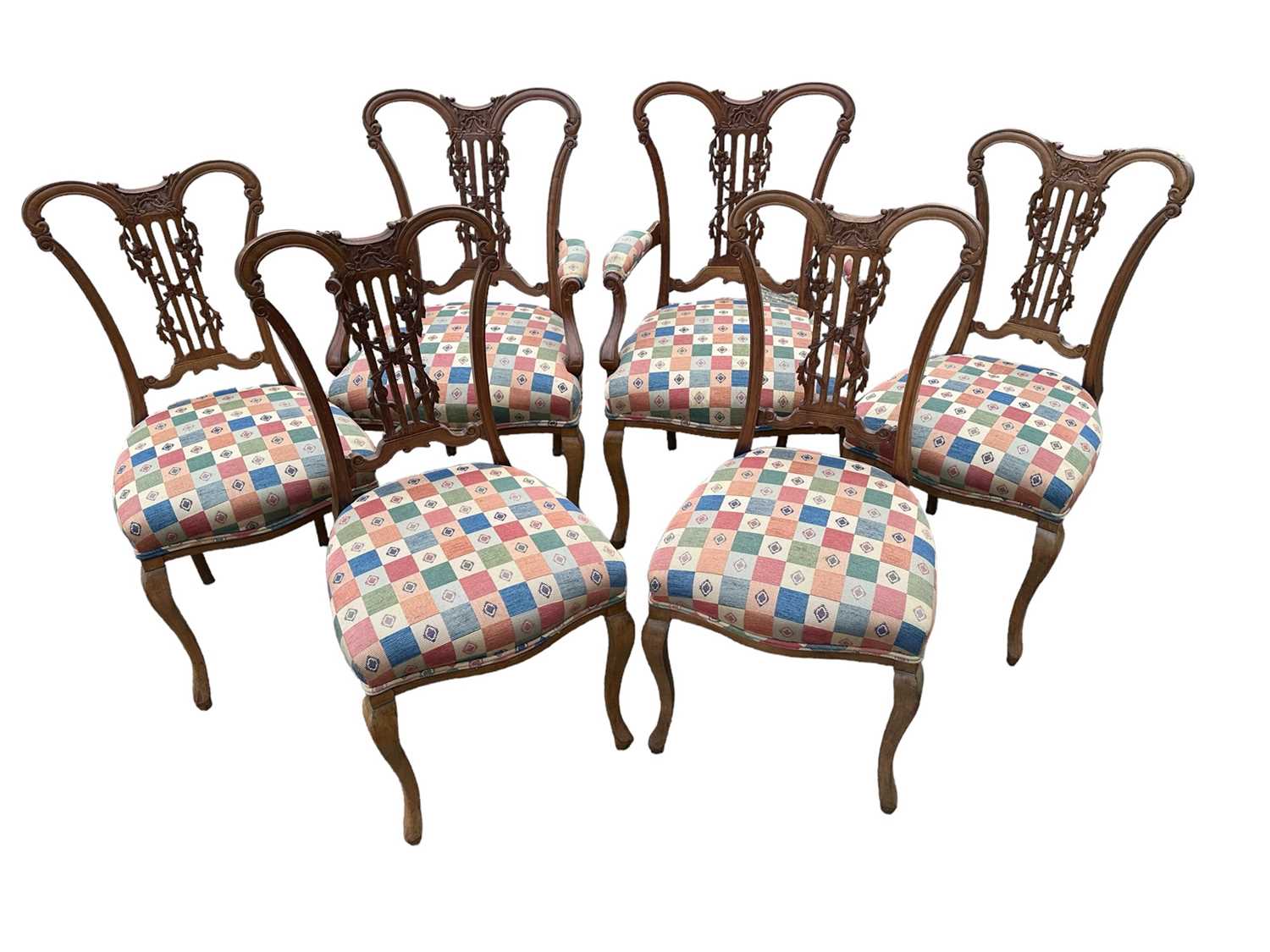 Set of six Edwardian carved walnut salon chairs upholstered in Romo fabric