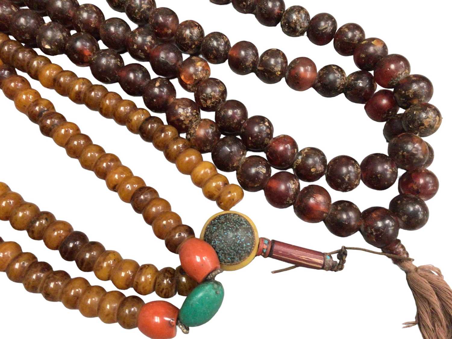 Two large Tibetan simulated and reconstituted amber prayer bead necklaces - Image 3 of 4