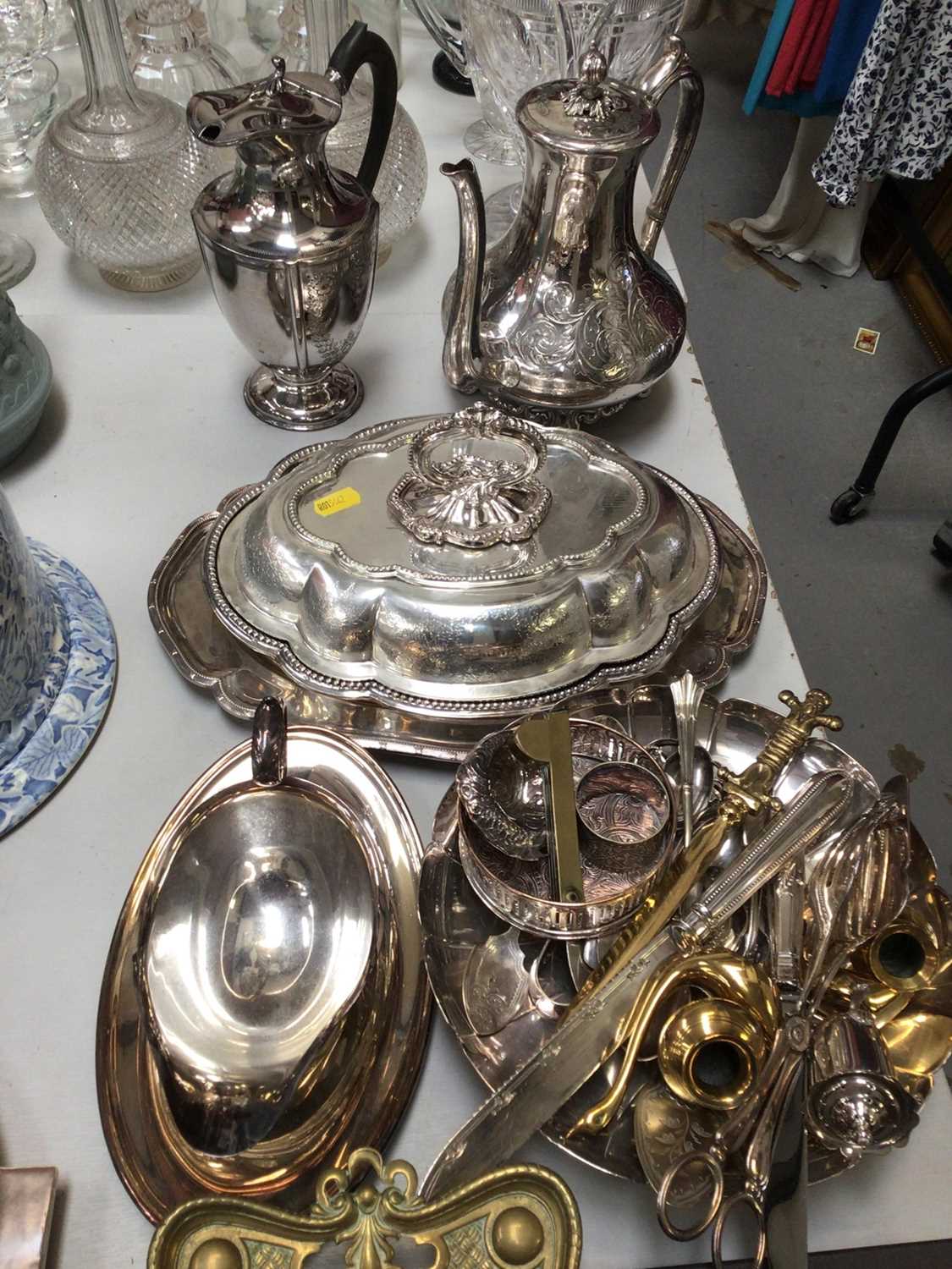 Group of silver plate and other metal wares including a plated tea and coffee pot, plated tureen wit