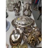 Group of silver plate and other metal wares including a plated tea and coffee pot, plated tureen wit