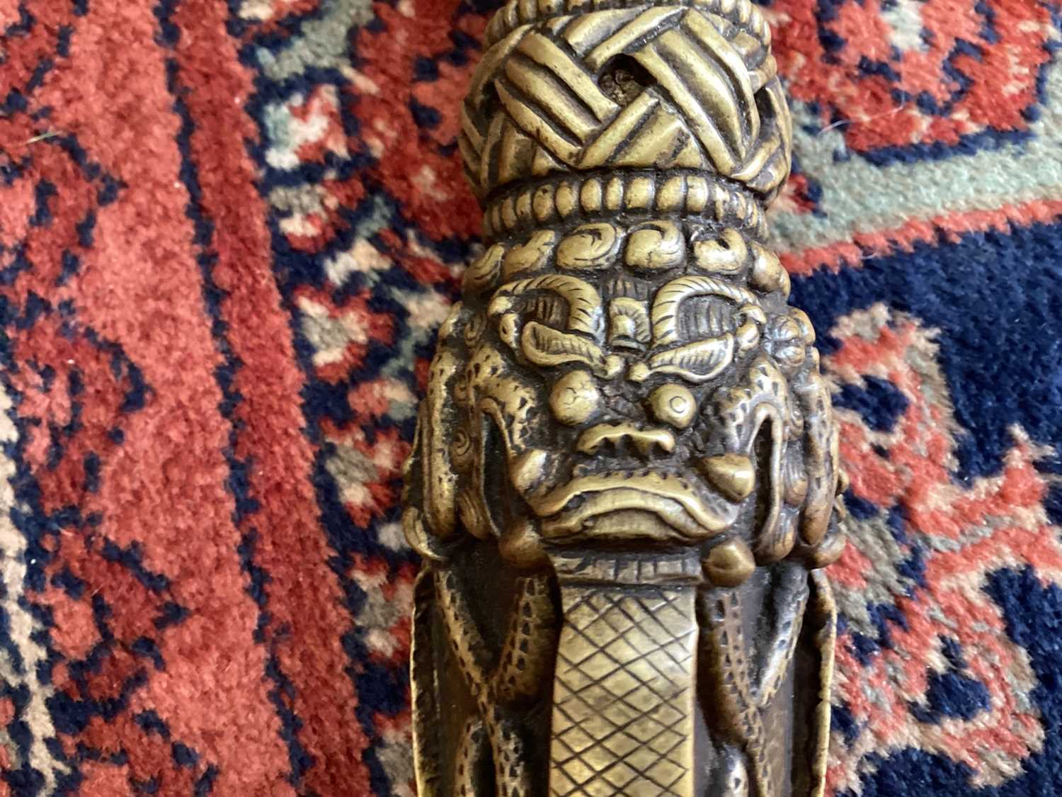 Tibetan ritual dagger/Phurba in fitted carved wooden case/stand with applied decoration, the case 48 - Image 11 of 14