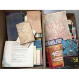 Two boxes of vintage road maps, car workshop manuals, booklets and other ephemera