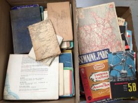 Two boxes of vintage road maps, car workshop manuals, booklets and other ephemera