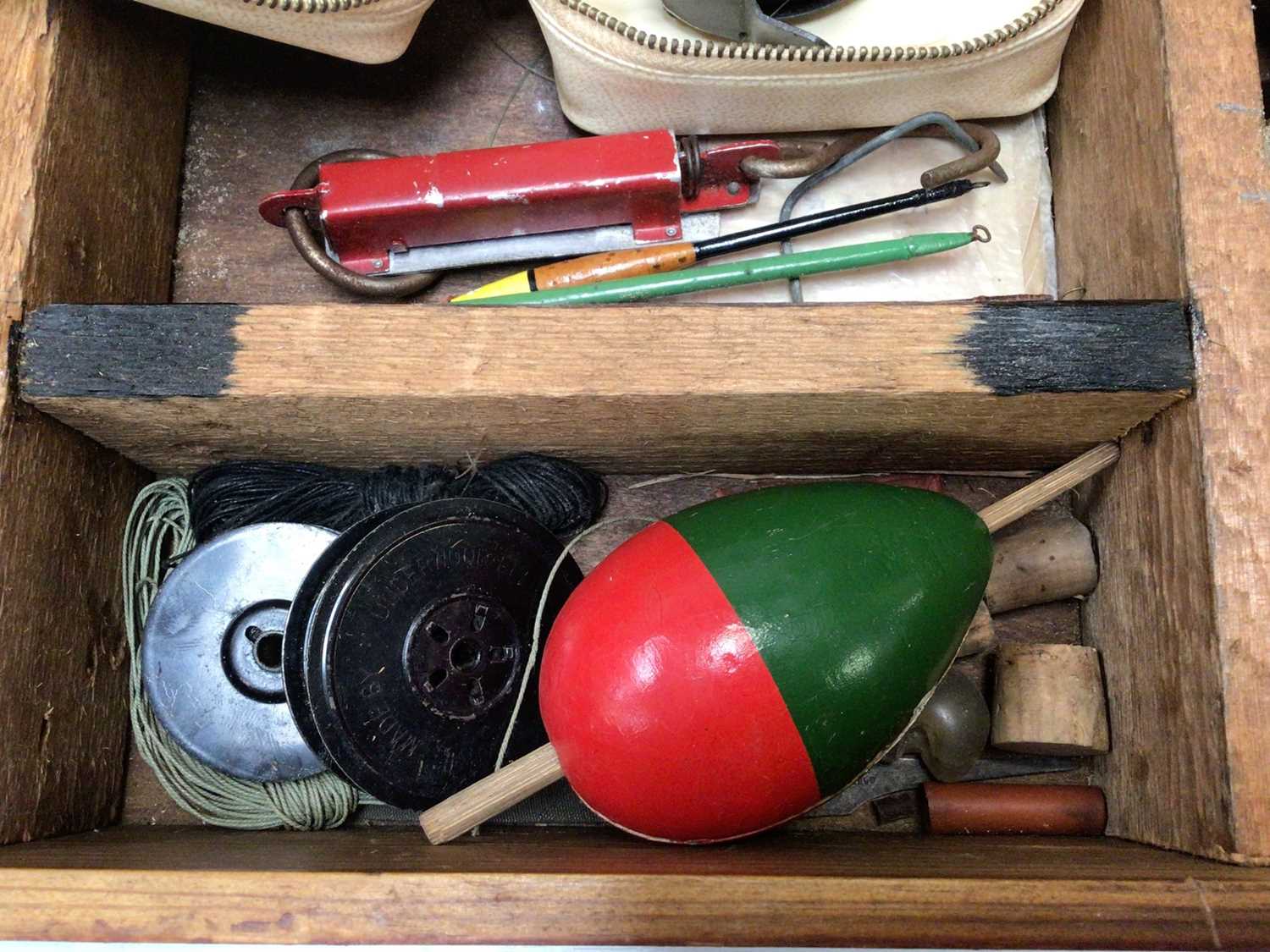 Wooden case containing fishing reels, tackle etc and two vintage rods - Image 6 of 8