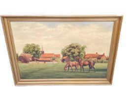 Gillian E. Hoare oil on canvas of Horses by Roxwell church, together with two further works by the s