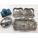 Pair of small silver square pin dishes, a pierced silver dish, silver snuff box and a silver enamell