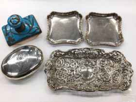 Pair of small silver square pin dishes, a pierced silver dish, silver snuff box and a silver enamell